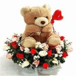 Mix Flower Basket With Cute Teddy